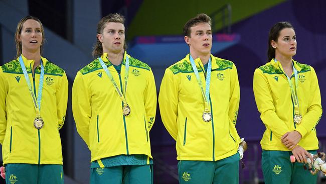 Gold medallists Australia's Emma McKeon, Australia's Matthew Temple, Australia's Zac Stubblety-Cook and Australia's Kaylee McKeown