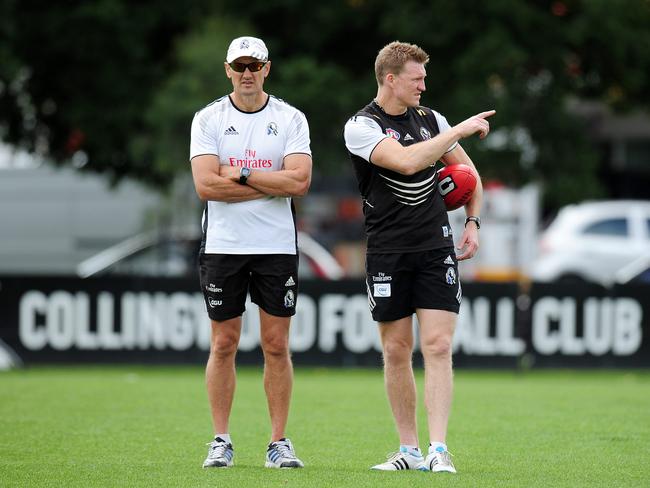 Collingwood training. Gosch's paddock. Coach Nathan Buckley with Sports Science Director David Buttifant