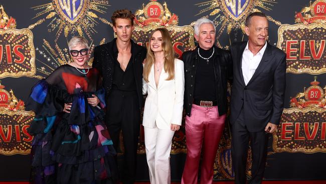 Catherine Martin, Austin Butler, Olivia DeJonge, Baz Luhrmann and Tom Hanks at the Australian premiere of Elvis in 2022 Picture: Chris Hyde/Getty Images