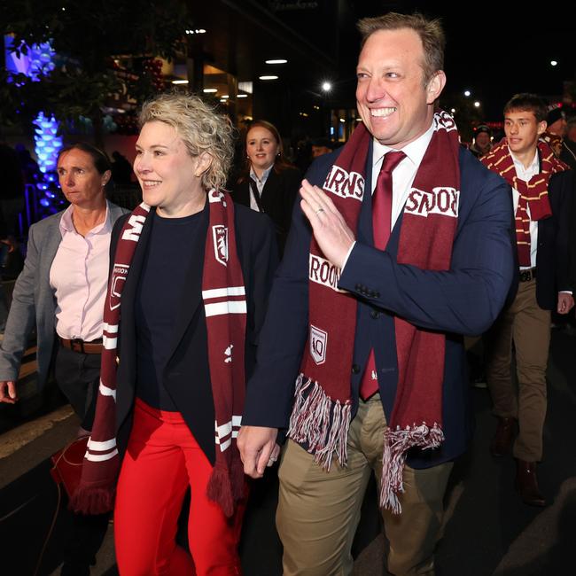 Premier Steven Miles with wife Kim at the State of Origin on Wednesday night. Picture: Annette Dew