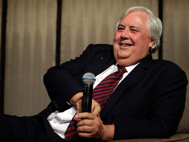 Clive Palmer addresses business people in Sydney at a breakfast hosted by the NSW Business Chamber at the Shangri-La hotel. Picture: Stephen Cooper.