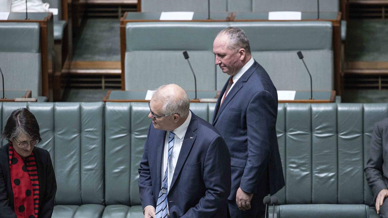 Former prime minister Scott Morrison was sworn in with Maria Vamvakinou and Barnaby Joyce in Parliament House after being overseas last week. Picture: NCA NewsWire / Gary Ramage