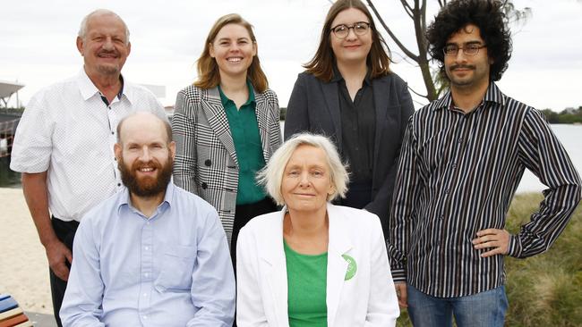 The Greens’ Gold Coast candidates from L-R: Peter Burgoyne (Currumbin), Rachel Mebberson (Burleigh), April Broadbent (Broadwater) and Amin Javanmard (Bonney). Front L-R: Scott Turner (Mudgeeraba) and Sally Spain (Gaven). Picture: Tertius Pickard