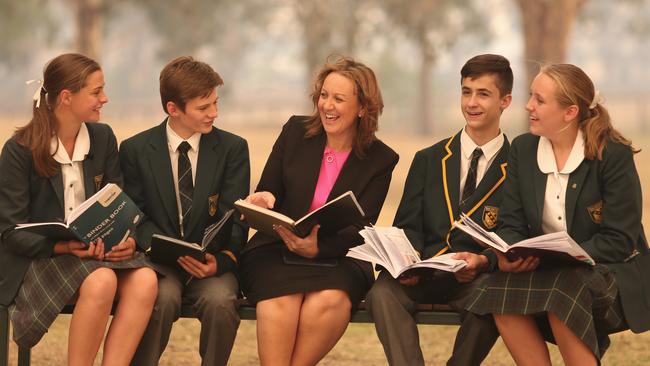 Macarthur Anglican School students Megan Baker, Isaiah Gray, Dean of Studies Kylie Elling, Blake Buddingh and Ayva Gibbs. Picture: Robert Pozo