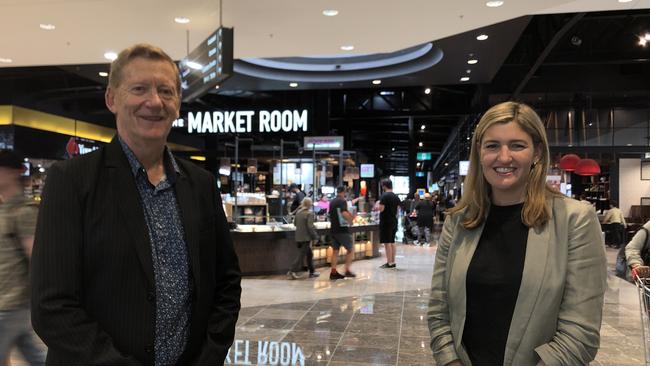 Hyperdome Centre manager Brian Turner with Small Business Minister Shannon Fentiman at the southern end of the centre near Coles and Kmart.