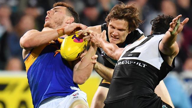 Luke Shuey is tackled high by Jared Polec.