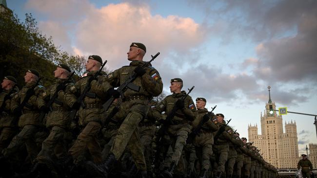 Russian servicemen march as they take part in a rehearsal of the Victory Day military parade, in central Moscow. Picture: AFP