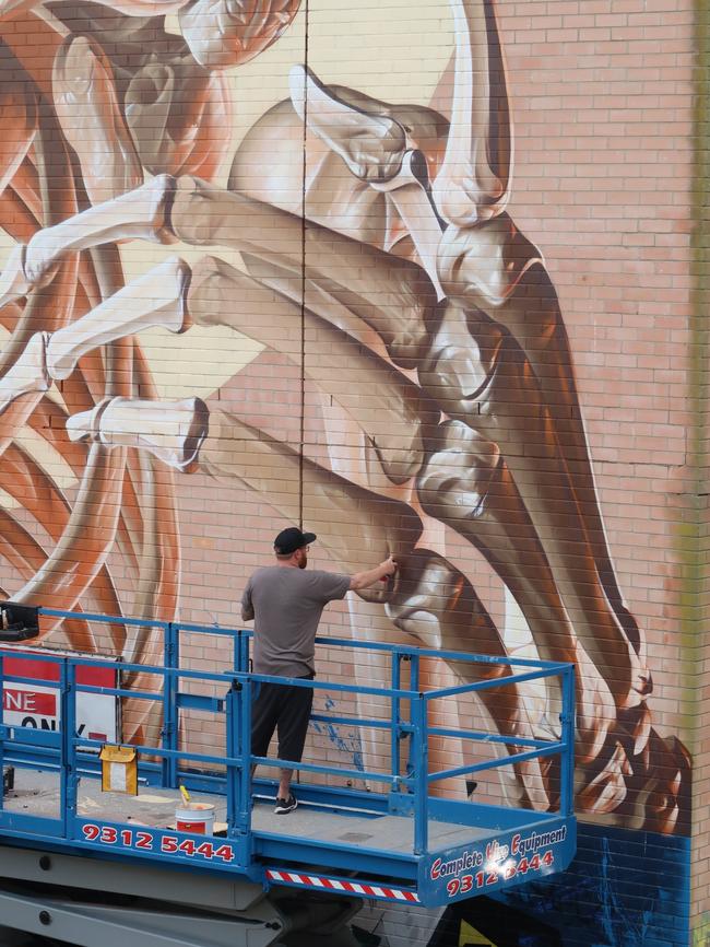 Smug working on his artwork, which is visible from Park Lane, Frankston.