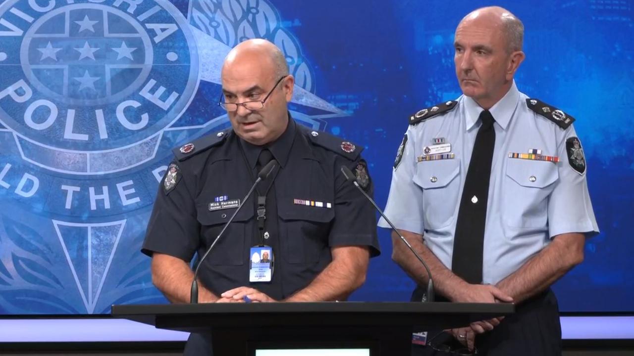 Assistant Commissioner Michael Hermans, of Victoria Police Counter Terrorism Command, and Assistant Commissioner Scott Lee, of the AFP Counter Terrorism and Special Investigations, speak to reporters on Wednesday.