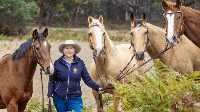Jackie Lehmann with her horses L-R Banshee, Sunny Bailey and Danny.