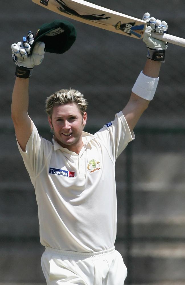 Michael Clarke celebrates his iconic century on Test debut. Picture: Hamish Blair/Getty Images