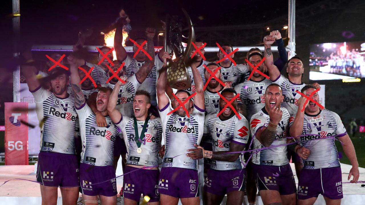 SYDNEY, AUSTRALIA – OCTOBER 25: Cameron Smith of the Storm holds aloft the Premiership trophy and celebrates with teammates after winning the 2020 NRL Grand Final match between the Penrith Panthers and the Melbourne Storm at ANZ Stadium on October 25, 2020 in Sydney, Australia. (Photo by Cameron Spencer/Getty Images)