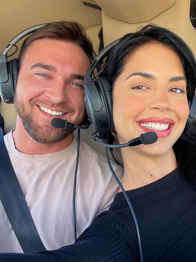 Pearce and Dillon in a helicopter. Picture: Instagram