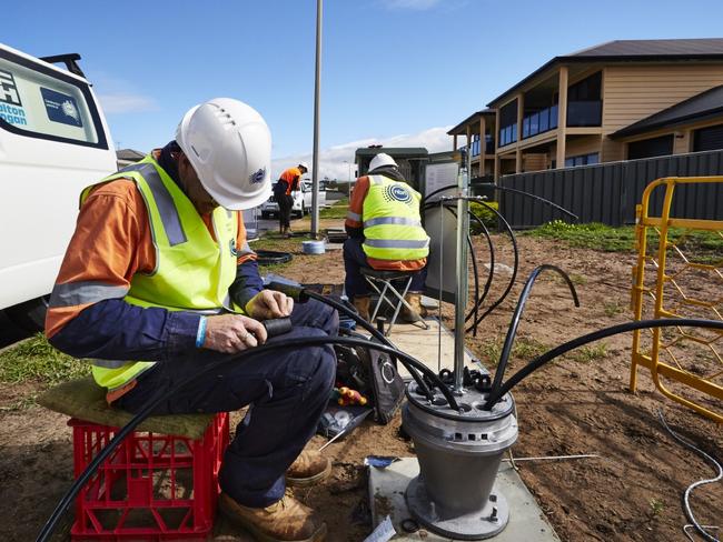 NBN technicians working to install fibre to the node connections.