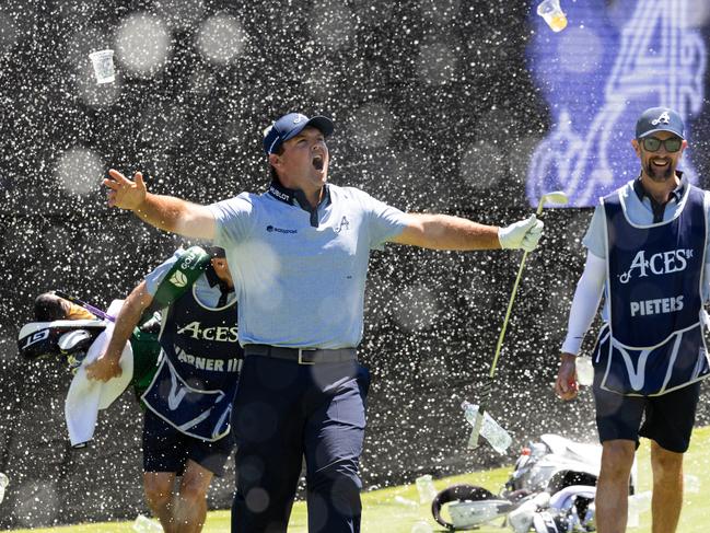 Patrick Reed of 4Aces GC reacts to his hole-in-one on the 12th hole during the first round of LIV Golf Adelaide at Grange Golf Club on Friday, February 14, 2025 in Adelaide, Australia. (Photo by Jon Ferrey/LIV Golf)