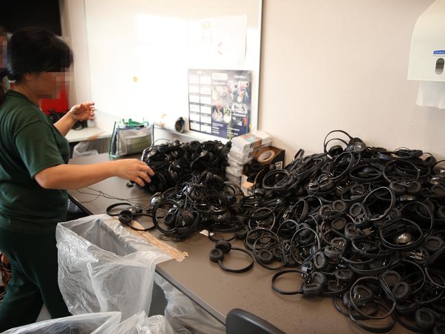 Qantas headphones being assembled and fixed by inmates as part of their work program. Picture: Sam Ruttyn