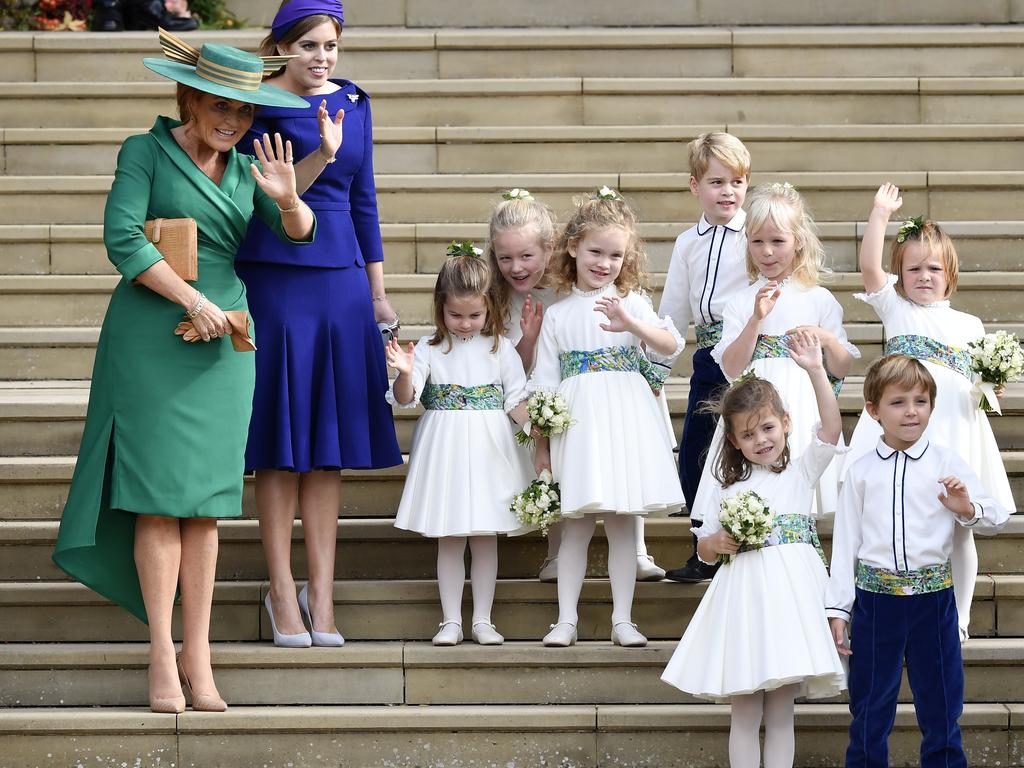 Sarah Ferguson and Princess Beatrice with the bridesmaids and page boys, including Prince George and Princess Charlotte. Picture: AP