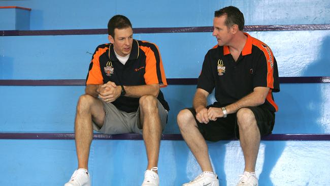 Aaron Fearne and Mark Beecroft (right) as Taipans assistant coaches in 2005. Photo: Marc McCormack.