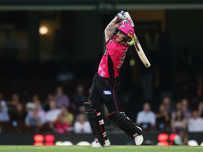 Once a Sixer: Maddinson plunders one of his six boundaries in six balls off then Melbourne Star James Faulkner. Picture: Getty Images