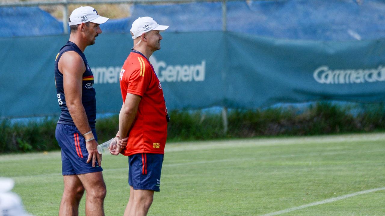 Walker with coach Matthew Nicks at Crows training over summer. Picture: Brenton Edwards