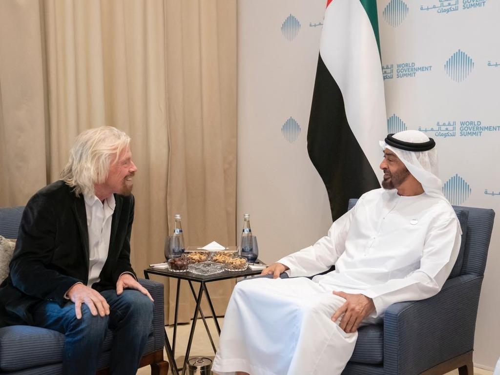 Virgin’s Richard Branson with Abu Dhabi’s Crown Prince Mohammed bin Zayed, the half-brother of Sheik Khalifa bin Zayed Al Nahyan, in 2019. Picture: @MohamedBinZayed/Twitter