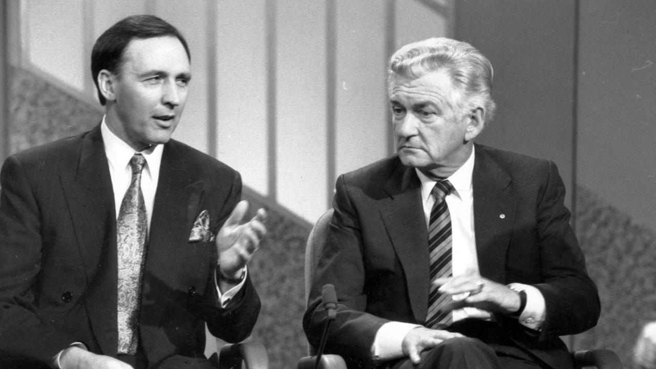 Prime Minister Bob Hawke and Treasurer Paul Keating interviewed on TV by Ray Martin.