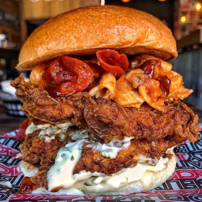 Fat Belly Jacks create some innovative burger flavours. Their ultimate meatlovers burger features pizza mac n cheese as well as garlic bread aioili. Picture: Facebook/@fatbellyjacks