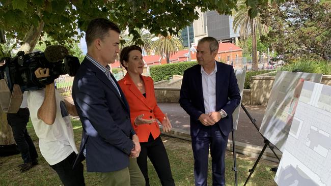 WA Premier Roger Cook, Health Minister Amber-Jade Sanderson and Perth MP John Carey inspect plans for an overhaul of Royal Perth Hospital. Picture: Paul Garvey