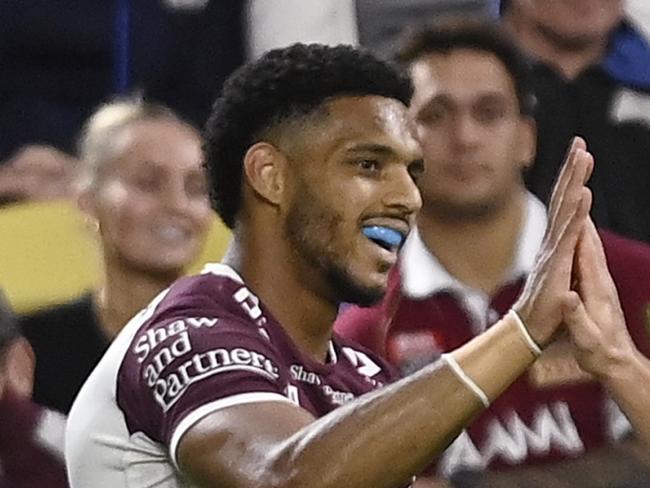 TOWNSVILLE, AUSTRALIA - JULY 06: Jason Saab of the Sea Eagles celebrates after scoring a try  during the round 18 NRL match between North Queensland Cowboys and Manly Sea Eagles at Qld Country Bank Stadium, on July 06, 2024, in Townsville, Australia. (Photo by Ian Hitchcock/Getty Images)