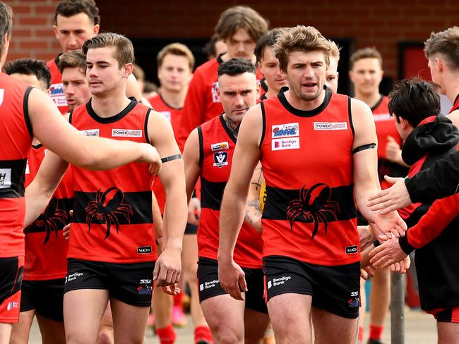 Romsey run out onto the field during the round 16 Riddell District Football Netball League 2023 Bendigo Bank Seniors match between Romsey and Macedon at Romsey Park in Romsey, Victoria on August 5, 2023. (Photo by Josh Chadwick)