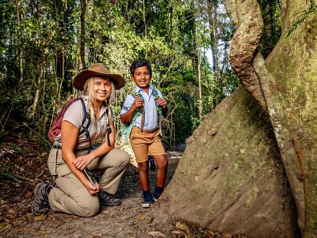 Nelly Dias-Mendis, 6, and guide Waimarie Brand bushwalking at Binna Burra. Picture: Luke Marsden