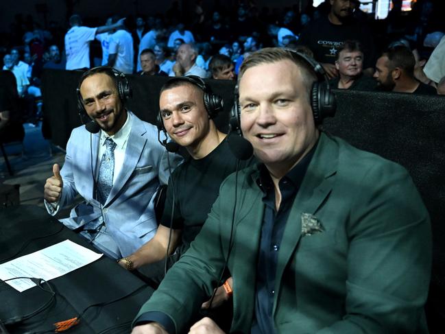 Tim Tszyu and Keith Thurman in commentary with Ben Damon. Picture: Scott Davis / Ace Boxing