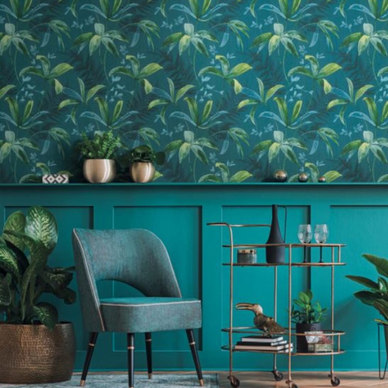 Easy and fun: Natty and Polly tropical wallpaper Riann in Teal Blue. $139 a roll