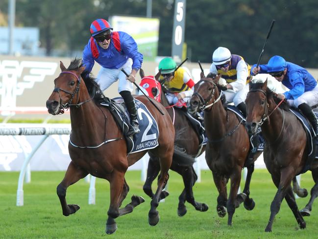 SYDNEY, AUSTRALIA - APRIL 08: Tom Marquand riding Dubai Honour wins  Race 8 Longines Queen Elizabeth Stakes during The Star Championship Day 2: Longines Queen Elizabeth Stakes Day - Sydney Racing at Royal Randwick Racecourse on April 08, 2023 in Sydney, Australia. (Photo by Jeremy Ng/Getty Images)