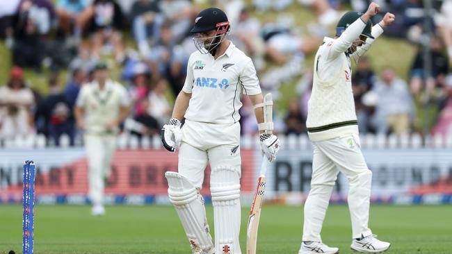 Kane Williamson departs after being dismissed by Nathan Lyon at the Basin Reserve Picture: Getty Images