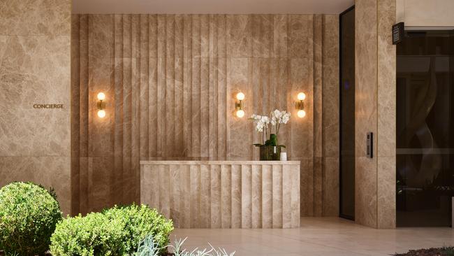 The foyer of The Oxlade in New Farm, which has just been completed after three years of construction. Photo: Scott Burrows.