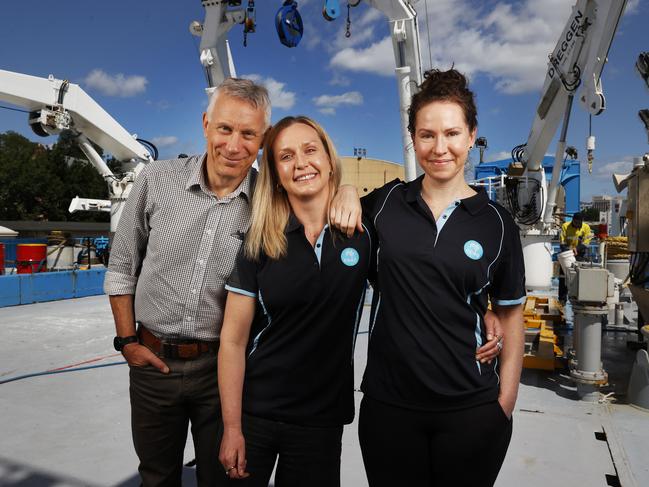 Doctor Richard Little chief scientist, Doctor Candice Untiedt research scientist, Tegan Sime voyage manager.  CSIRO ship Investigator has returned after it's South-East Australian Marine Ecosystem Survey voyage.  Picture: Nikki Davis-Jones