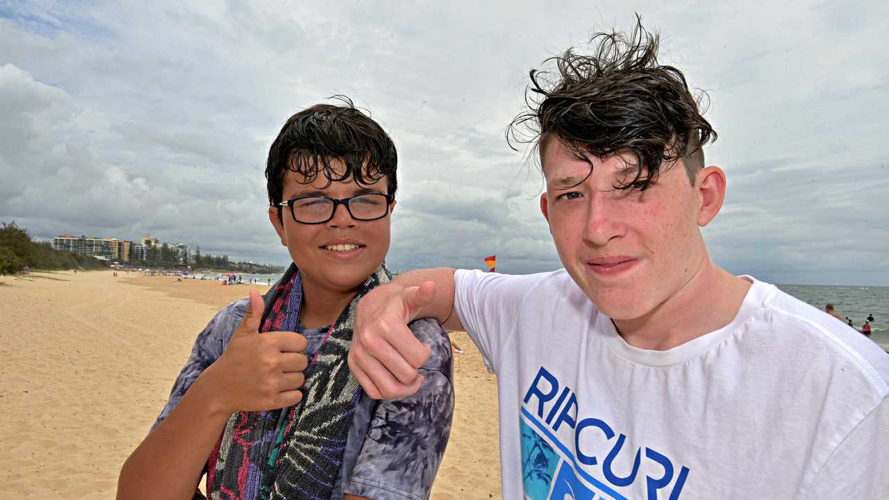 Raymond Morgan, 14, (left) helped to save his mate Cooper Dowie, 15, after he was knocked unconscious while swimming at Mooloolaba Beach. Picture: Warren Lynam