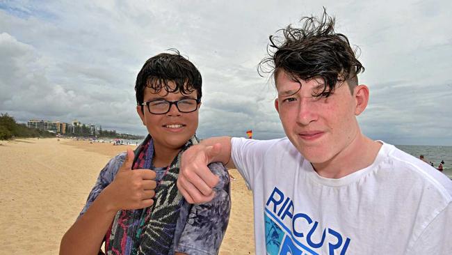 Raymond Morgan, 14, (left) helped to save his mate Cooper Dowie, 15, after he was knocked unconscious while swimming at Mooloolaba Beach. Picture: Warren Lynam