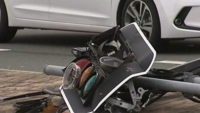 The traffic lights that were hit by the bus. Picture: Nine Gold Coast News.