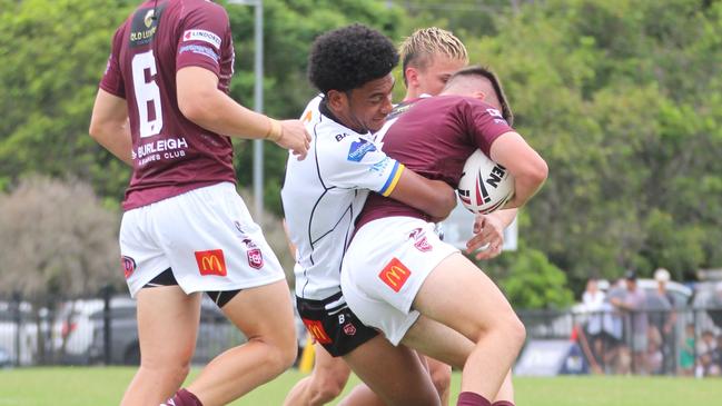 Tomu Cook tackling. Connell Cup under-17s action between the Souths Logan Magpies and Burleigh Bears. Saturday February 10, 2024.