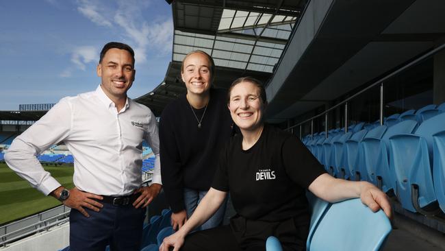 Jesse O'Hara education program manager of Tasmania Academy of Leadership and Sport, Olympian Maddi Brooks with Kath McCann Executive Director Tasmania Football Club. Picture: Nikki Davis-Jones