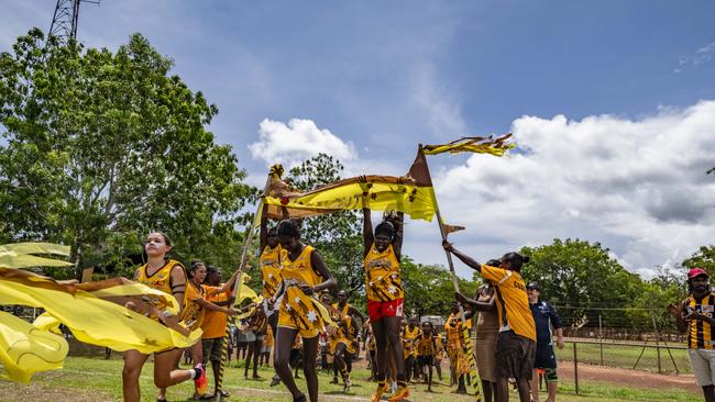 History was made as the Muluwurri Magpies beat the Tapalinga Superstars in the inaugural 2023 Tiwi Islands Football League women's grand final. Picture: Patch Clapp / AFLNT Media