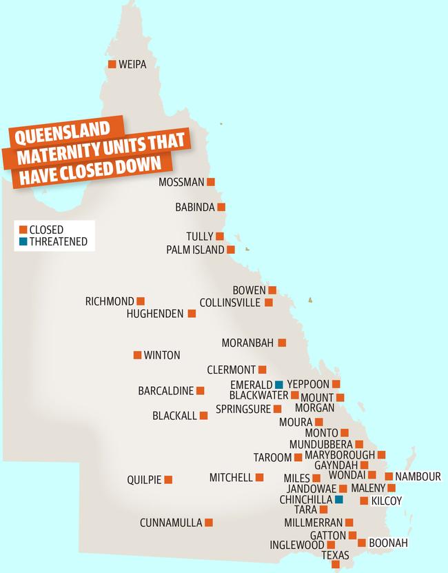 A map showing the Queensland maternity wards that have either shut down or are under threat.