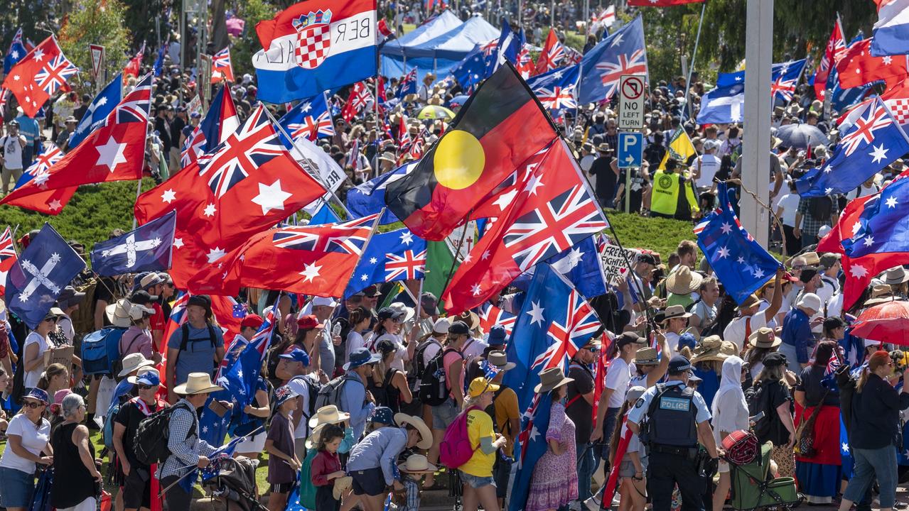 Demonstrators against Covid-19 mandates marching to Parliament House, Canberra. Picture: Martin Ollman/.NCA NewsWire