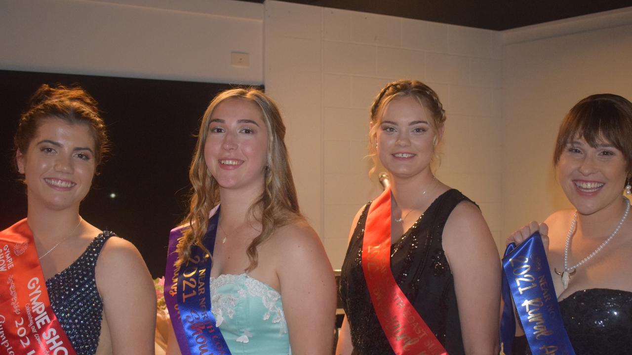 2021 Near North Coast Regional sub chamber Gala Dinner at the Gympie Showgrounds Pavilion on Saturday, 27 June 2021. L-R Jazmin Farrow (Gympie Showgirl), Chloe Lanham (Maleny Showgirl, winner), Tahlia Robinson (Fraser Coast Showgirl) and Rural Ambassador for Near North Coast Emily Larkin. Pictures: Josh Preston