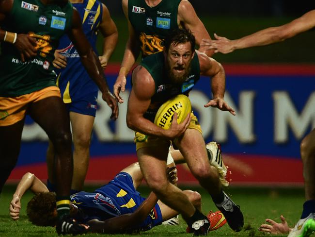 St Mary’s legend Justin Wilson said beating Nightcliff would be his motivation to “get respect back” after the club was hit with some stunning penalties following fly-in player breaches. Picture: Helen Orr