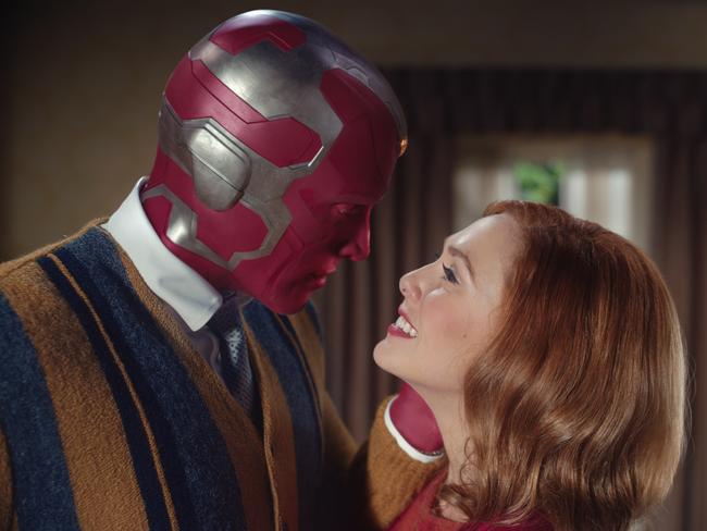 Paul Bettany as VIsion and Elizabeth Olsen as Wanda Maximoff in WandaVision. Picture: Disney+