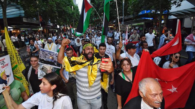 Pro Palestinian protesters march through Melbourne’s CBD. Picture: Jason Edwards