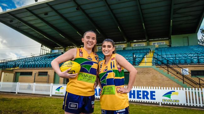 Kiana Lee (left) was a standout for the Eagles in their first SANFLW game. Picture: Roy Van Der Vegt